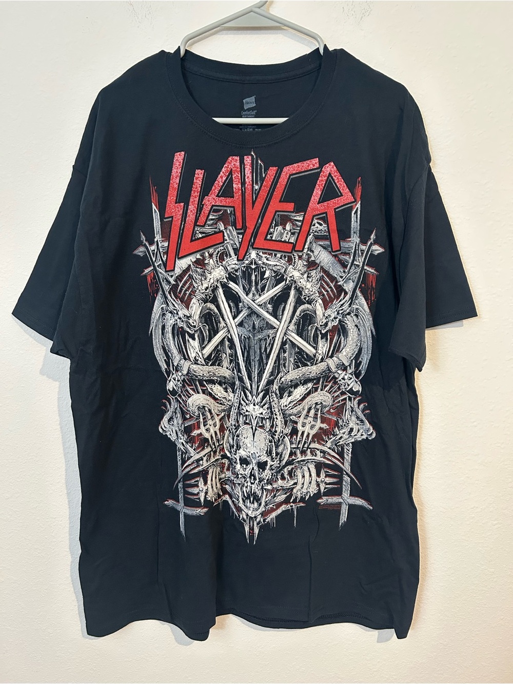 Hanes Black Tee with Red Slayer Logo and White Graphic